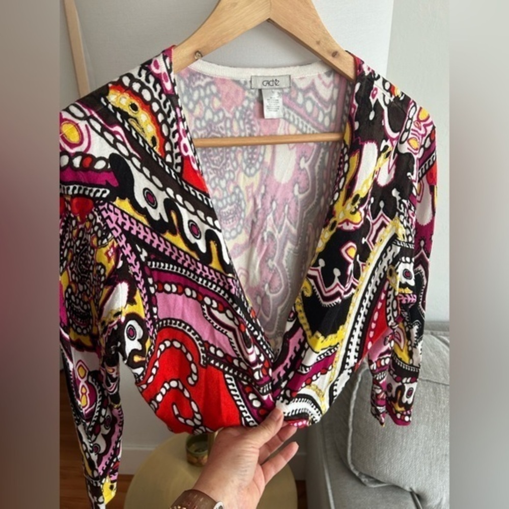 Cache knit Shurg Bolero Sweater Abstrat Paisley Size L Cardigan Statement